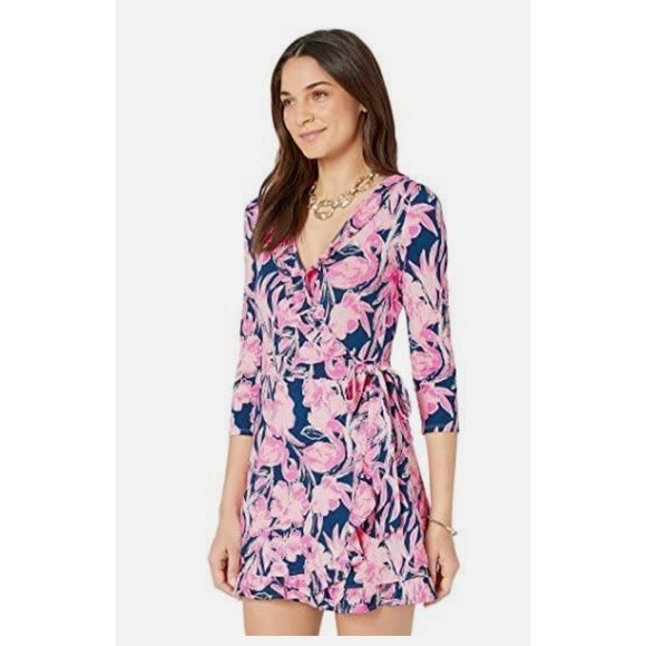 Lilly Pulitzer Jessalynne Wrap Romper Inky Navy Flamingo Ruffle Small - Picture 5 of 6